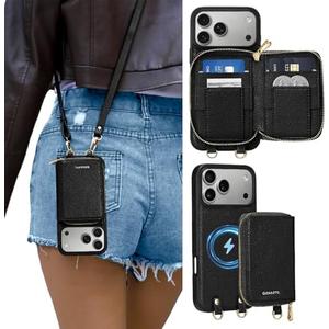 ORNARTO Magnetic Detachable Wallet Case for iPhone 17 Pro, [Compatible with MagSafe], Crossbody Wallet Case with Card Holder Wrist Strap, RFID Blocking PU Leather Wallet Phone Cover 6.3", Black
