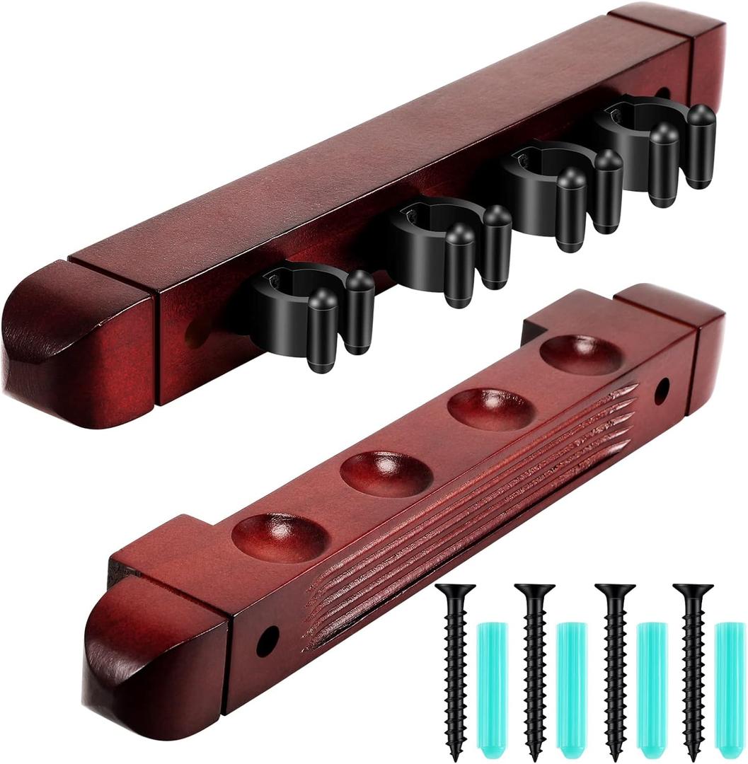 Hanaive 2 Piece 4 Pool Cues Wood Wall Rack with Clips Wall Mounted Hardwood Billiard Pool Cue Rack Finish Hardwood Cue Sticks Rack Billiard Stick Wall Rack with 4 Cue Clips for Billiard