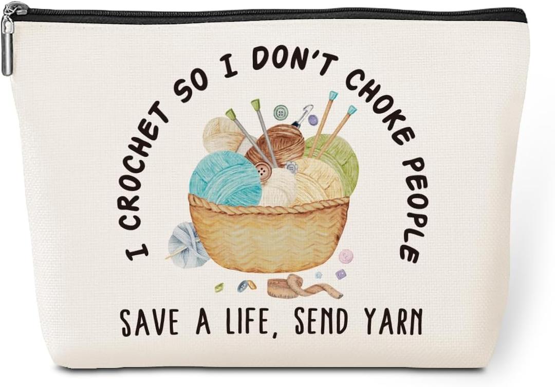 jeilink Cute Funny Crochet Makeup Bag Knitting Cosmetic Bag Travel Toiletry Bag for Christmas Birthday Crochet Gifts for Crocheters Stuff Knitting Gifts for Women Crafters Knitters Female Friends