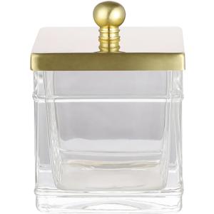 Glass Cotton Jar Holder - Brushed Gold Lid, Elegant Bathroom Storage Canister for Qtips, Cotton Balls, Floss, Makeup Organizer, Vanity & Bathroom Organization