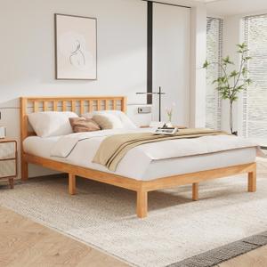 DELAVIN Queen Bed Frame with Headboard, Wood Platform Bed Frame, Farmhouse Style Bed Frame Queen Size with Slats Support, Malaysian Oak, No Box Spring Needed, Easy Assembly, Rustic Pine