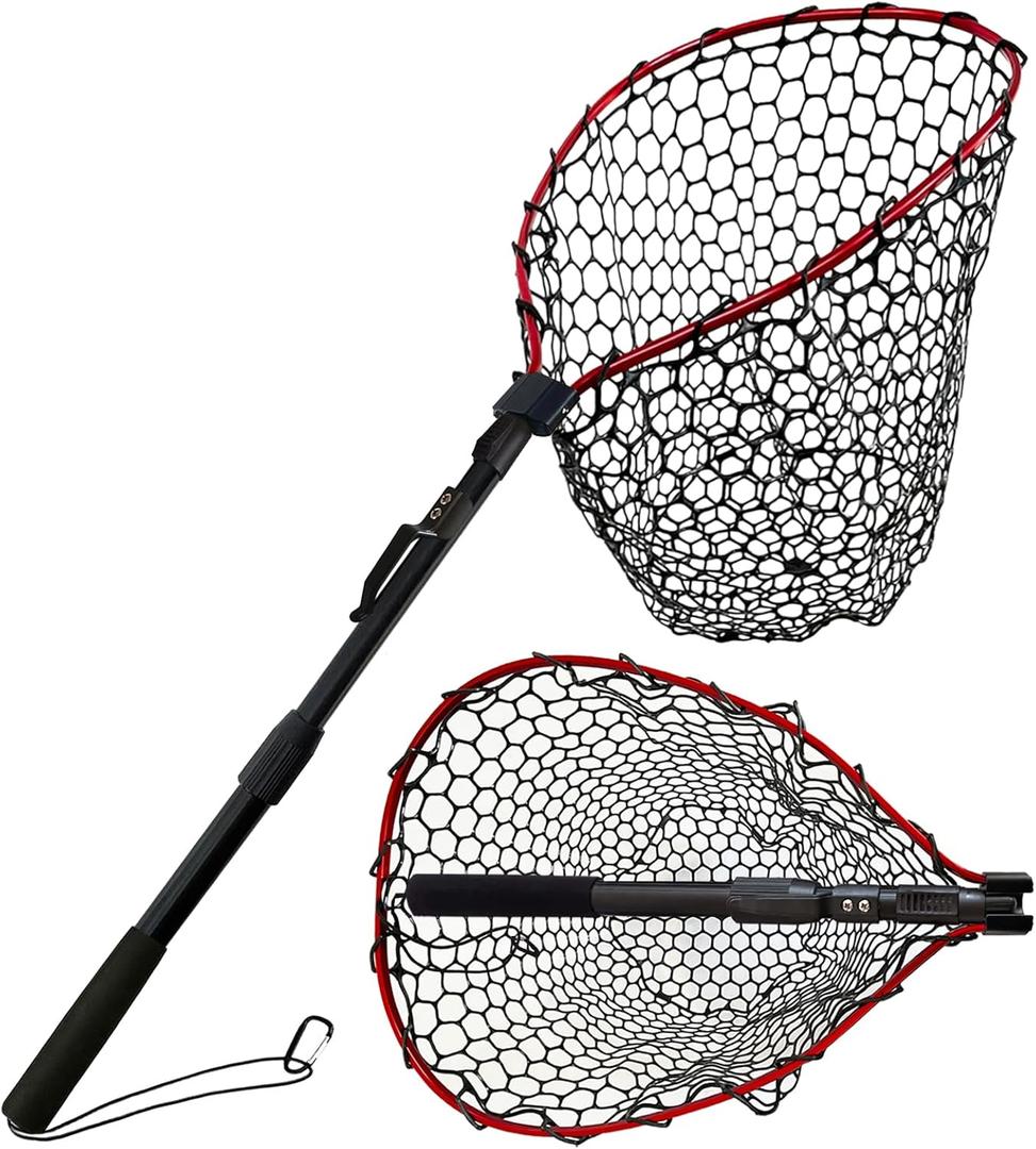 SEASPRO Foldable Rubber Fishing Net with Handle 37 47 Red Blue Telescoping Fish Net - Adjustable Length Lightweigh Collapsible Extendable Fishing Net (upgraded 2-section pole | net depth 50cm)