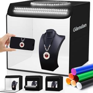 Glendan Light Box Photography, 16"x16" Portable Photo Box Shooting Tent Kit with 2 Light Panels (204 LED Lights) & 6 Kinds Double-Sided Backgrounds for Jewelry and Product Photography