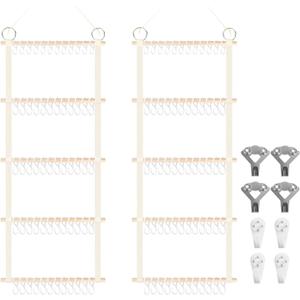 Munzong Headband Holder 52x17 inch, 2 Pack Bow Organizers for Baby Girls, Large Nursery Wall Hanging Back Door Bow Holder Shelf w/ 60 Hooks, 5 Tier Hair Accessories Organizer Storage for Toddler Kids (Beige)