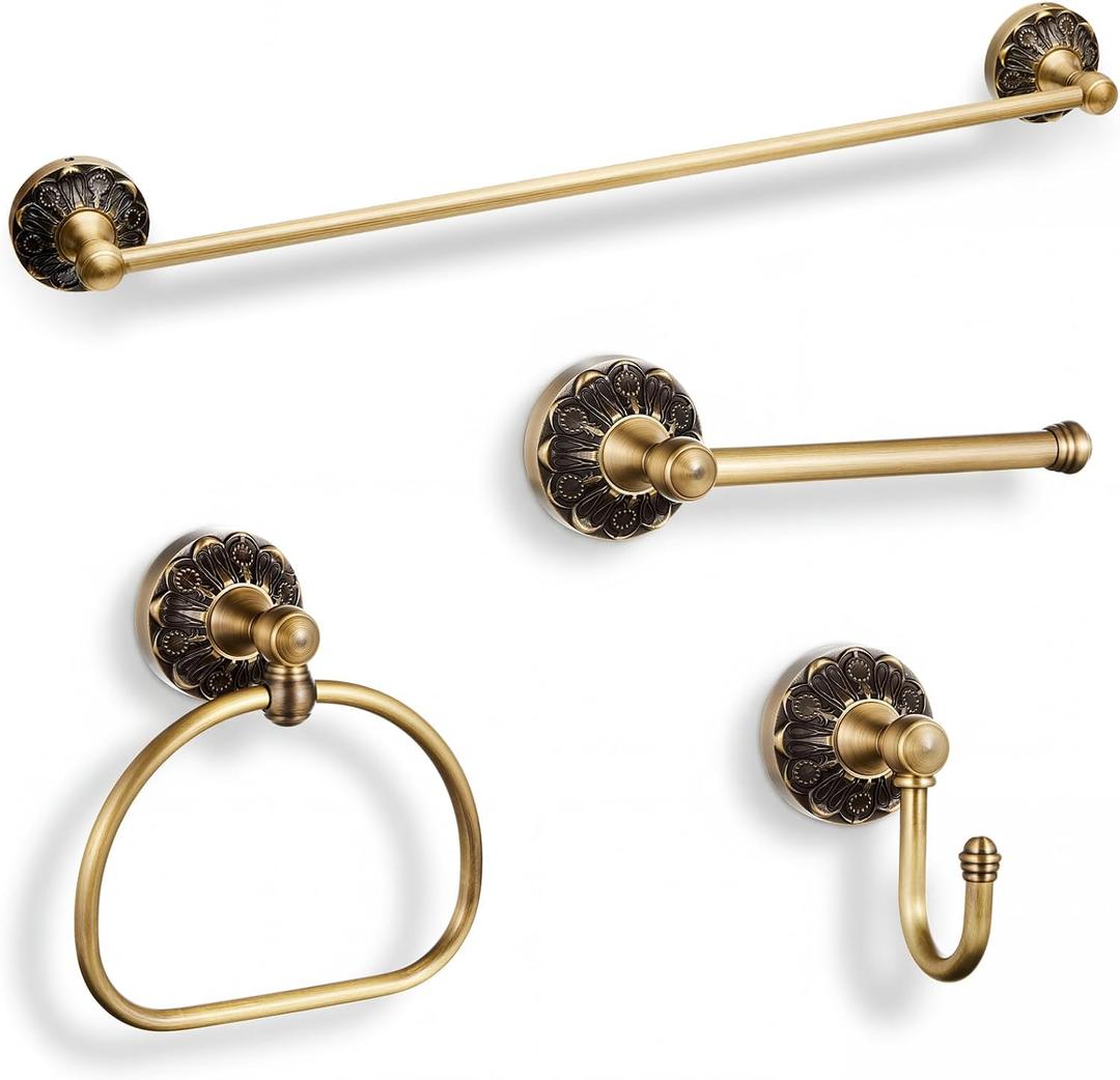 4 Pcs Antique Brass Bathroom Hardware Set, Bathroom Accessories Set, 24 Inch Wall Mounted Bath Towel Bar Toilet Paper Holder Hand Towel Holder Robe Hook for Shower Room Toilet(Single Layer)