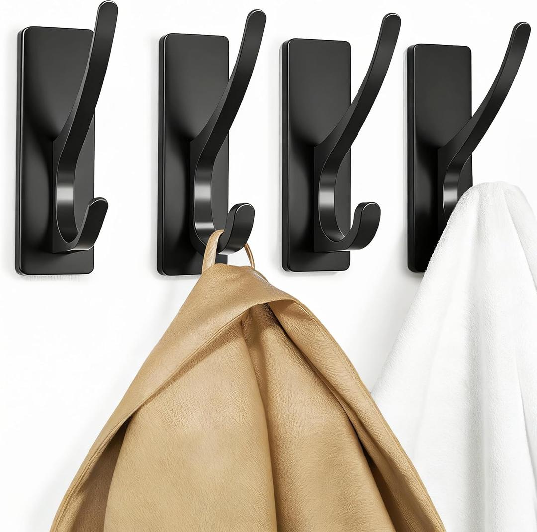 Self Adhesive Coat Hooks for Hanging: Heavy Duty Stainless Wall Hook for Towel, Backpack, Hat, Sturdy Metal Hanger for Bathroom, Bedroom, Door, 4-Pack, Matt Black