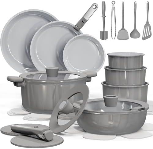 CAROTE 25pcs Ceramic Cookware Set Nonstick, Pots and Pans Set Non stick, Non Toxic Cookware, Dishwasher/Oven Safe, RV/Camping Cookware Set, Pan and Pot with Kitchen Utensils, Dark Gray