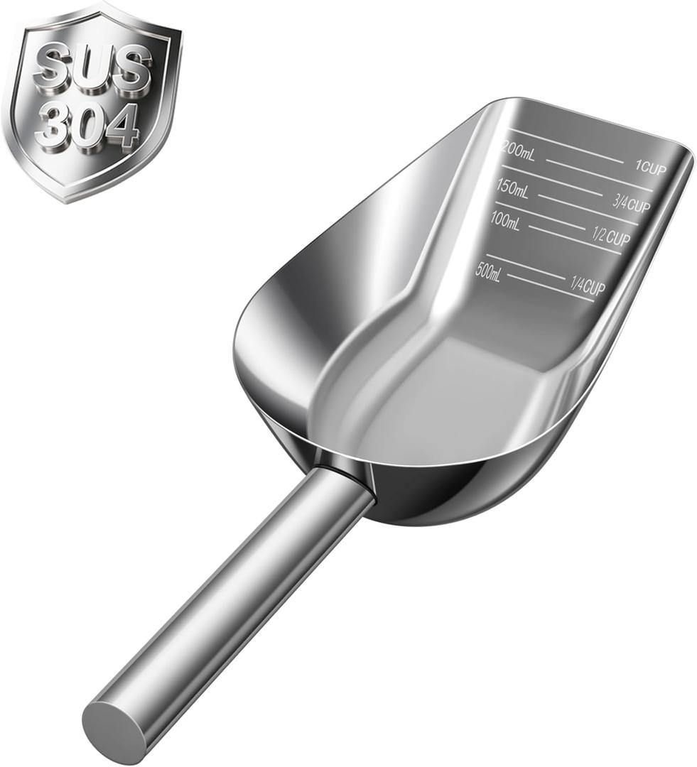 Dog-Cat Food Scoop 1 Cup Thickened 304 Stainless Steel Pet Food Scoop with Long Handle, Precision Scale, Easy to Clean, for Wet Dry Food (Large 1 Cup)