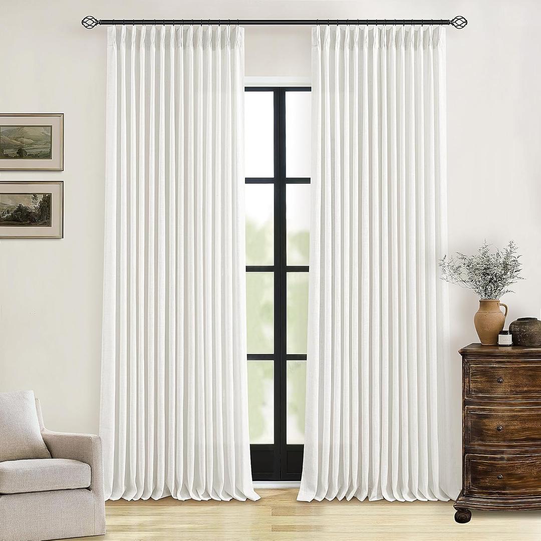 Beige White Linen Curtains 108 Inches Long 2 Panels Set for Living Room Neutral Boho Thick Linen Textured Pinch Pleated Memory Shape Light Filtering Ceiling Semi Sheer Window Curtain Hook Rings Ivory
