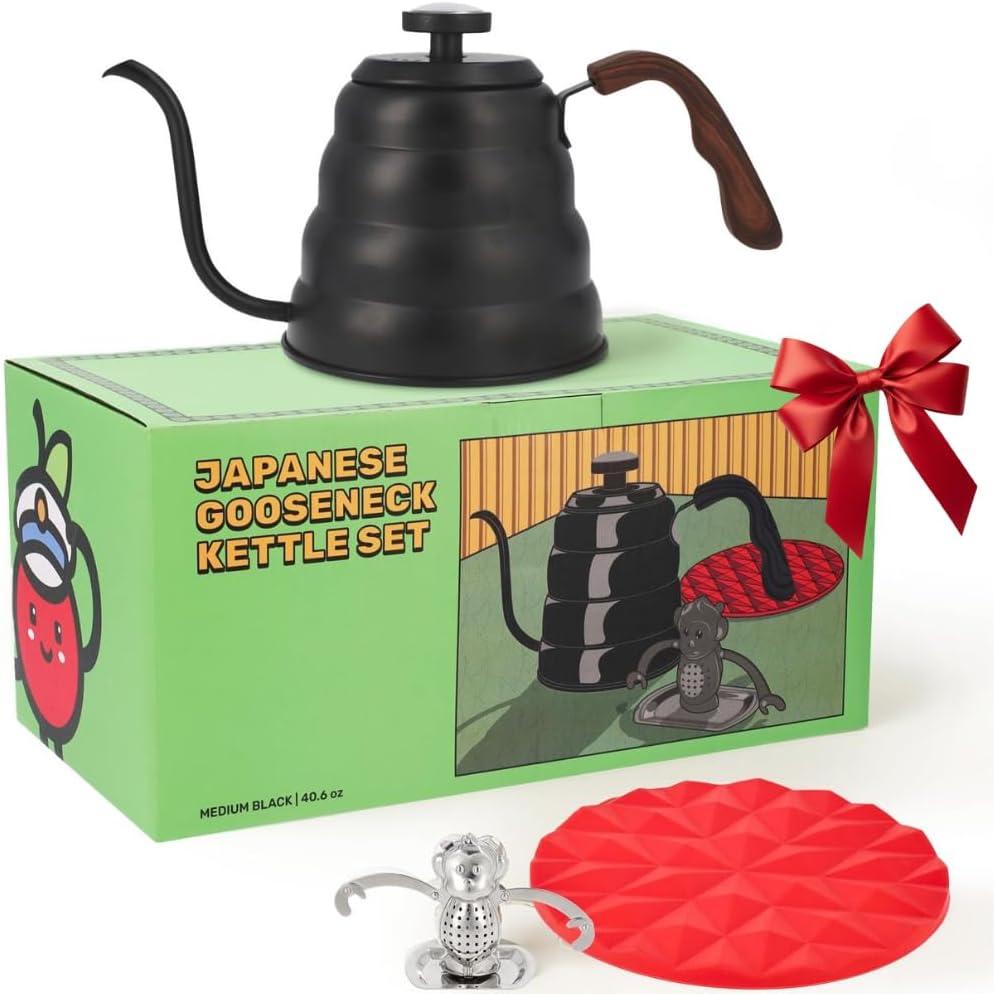 Japanese Gooseneck Kettle Stovetop with Thermometer and Insulated Handle (4-piece, 40.6 oz /1200ml), Stainless Steel Pour Over Tea Stovetop Kettle, Precision Pour Kettles Pot for Coffee & Tea (Black)
