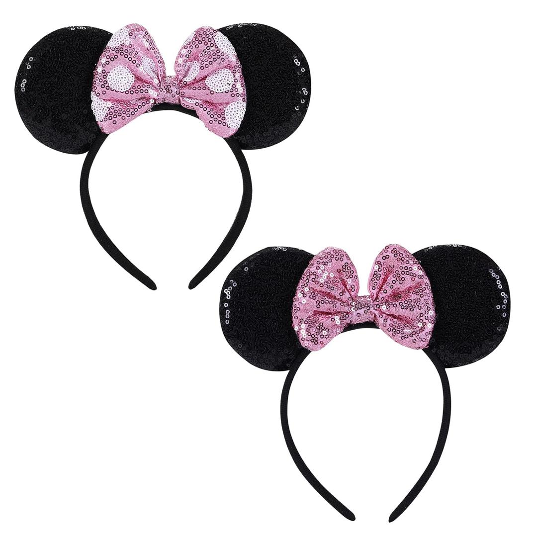 2 Pcs Pink Mouse Ears Sequin Headbands,Shiny Bows Headbands, A Perfect Addition to Your Trip Essentials Accessories for Women Grils Princess Decoration Costume Cosplay