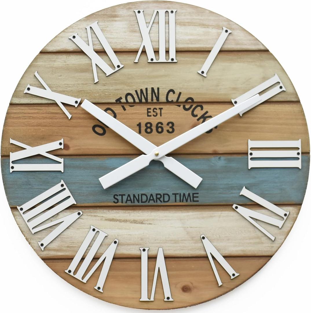 30" Wooden Multi-Color Maritime Coastal Beach Large Roman Wall Clock (Blue, 30 inch) (Roman Blue)
