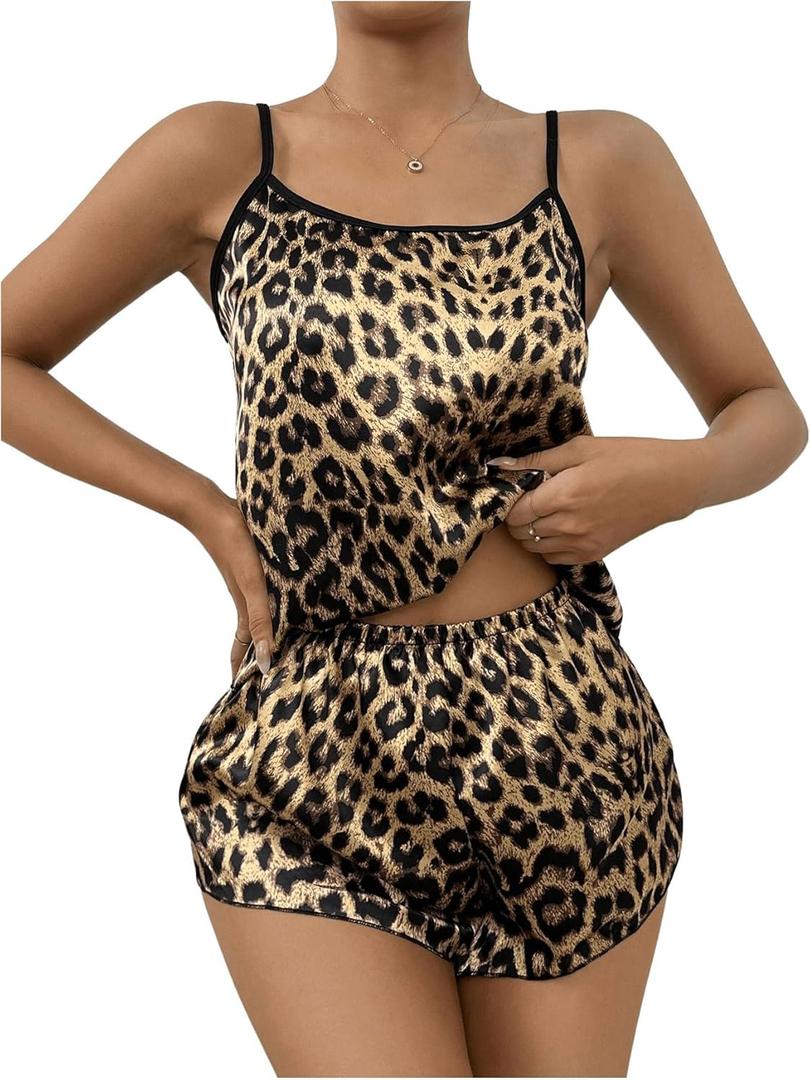 SOLY HUX Pajama Sets for Women 2 Piece Leopard Print Satin Sleepwear Cami Top and Shorts Loungewear (Brown, L)