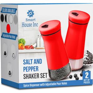 The Original Salt and Pepper Shakers set -Red- Spice Dispenser with Adjustable Pour Holes - Stainless Steel & Glass Set of 2 Bottles