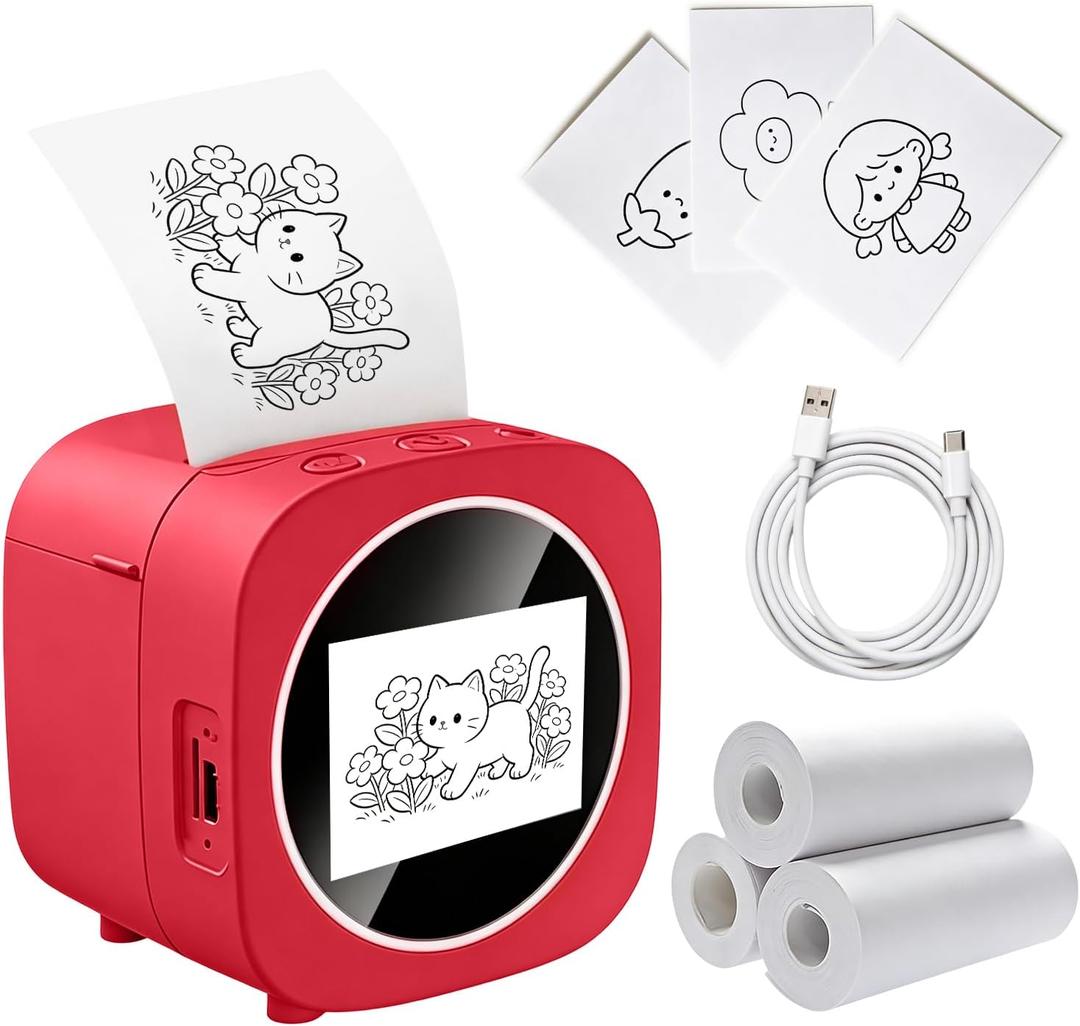 AI Voice-Powered Sticker Maker for Kids, Smart Mini Thermal Printer with 6 Art Modes and 3 Rolls Paper, Inkless Portable Thermal Sticker Printer Box for Study Note, Picture, List, DIY, Crafts