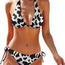 Women Two Piece Swimsuit Cow Print Bikini Sexy Halter Brazilian Bottom Triangle Top Bathing Suit (Large, Black4)