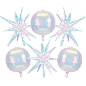 6Pcs 4D Iridescent Sphere Balloons 22 Inch Holographic Balloons for Birthday Party, Rainbow Mermaid Party Decoration Balloon, Summer Holiday Pink Party Balloons for Girls