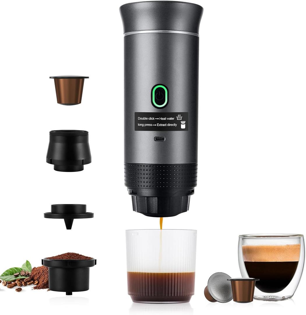 Portable Coffee Maker for Travel, 20 Bar Espresso Coffee Machine with USB-C,3-In-1 Travel Coffee Maker Self-Heating, Compatible with Ground Coffee & Capsule for Hiking,Office,RVgray
