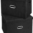 Large Linen Fabric Foldable Storage Bins with Removable Lid and Handles, Washable Storage Box Organizer Containers Baskets Cube with Cover for Bedroom,Office(Black, Medium(2-Pack))
