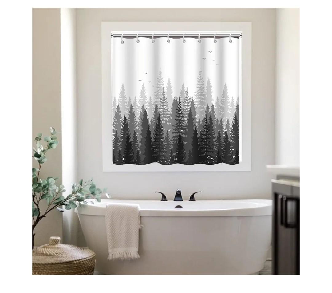 Shower Window Curtain, Abstract Gray Forest Small Short Waterproof Bathroom Window Curtain with Hooks, 40x36 Inch