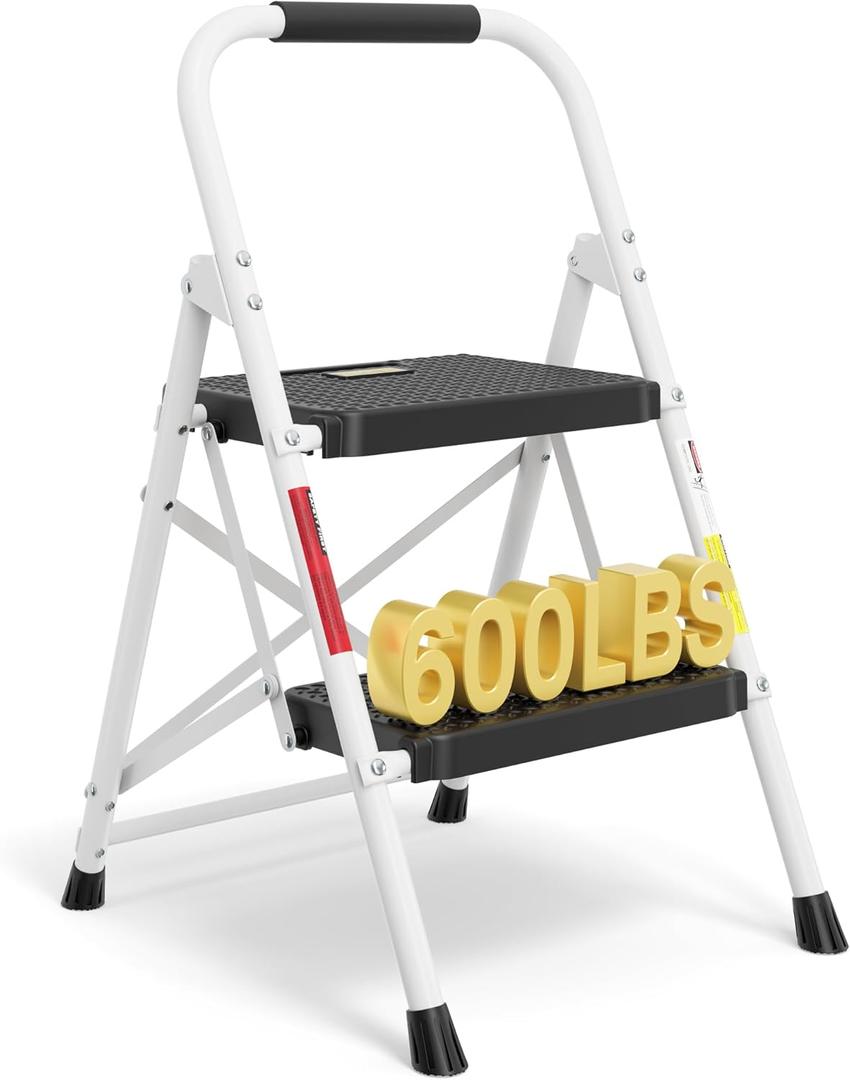 BONTEC 2-Step Ladder, Folding Step Stool, 600lbs Max Load Capacity, Sturdy Steel, Non-Slip Pedals, Lightweight, Portable Steel Ladder with Convenient Handrail, Safety Design for Home & Work, White