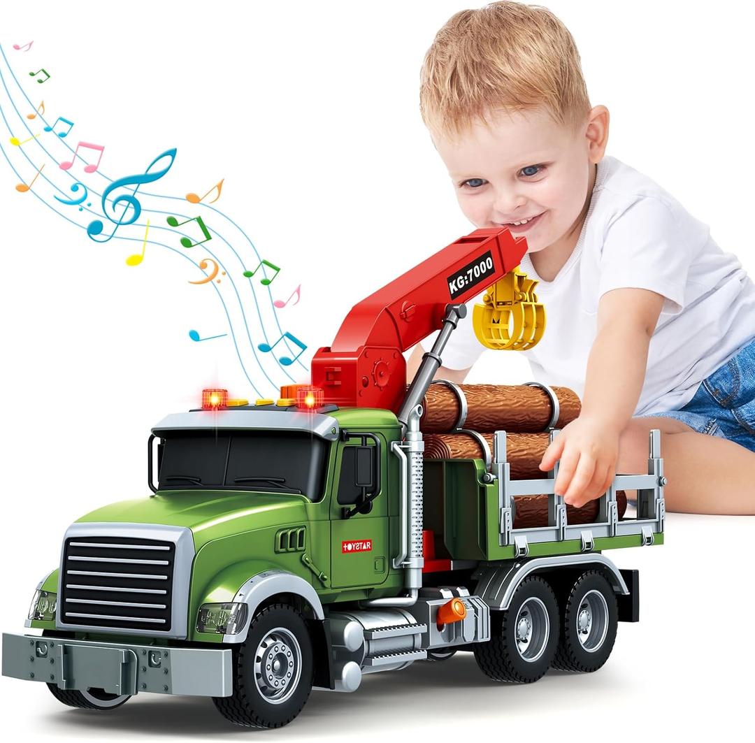 SpringFlower Toy for 3 4 5 6 Year Old Boys, Farm Truck Toy with Farm Trunk,Vehicle Timber Truck Toy with Loading Crane & Lights & Sounds, Kids Birthday Gifts for Boys Toddlers Girls