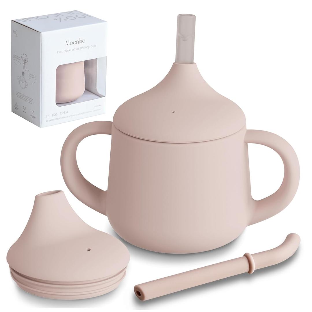 Moonkie Silicone Baby Sippy Cups | 3 Stages Training Cup Straw Cup for Infants Toddlers and Kid | 4 oz 1Pack (Blush)