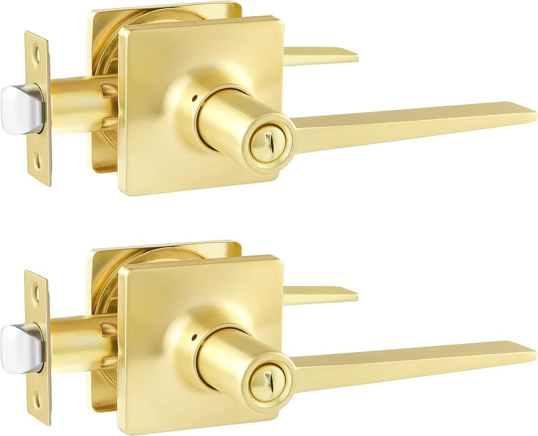 2 Pack Door Handles Gold Interior Door Handle for Bedroom & Bathroom, Keyless Privacy Door Levers, Modern Square Door Handles