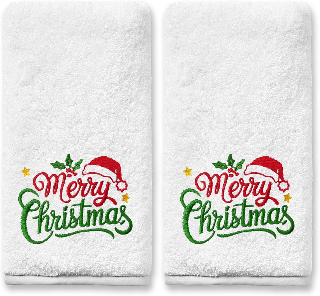 Christmas Hand Towels for Bathroom Set of 2, Red Hat Bathroom Decor Embroidered Merry Christmas Pattern, Winter Green Dish Towels Xmas, 100% Cotton Soft Towels for Kitchen Bath 14x30 Inches