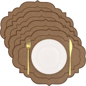 Cotton Linen Oval Placemats Set of 4, HADEEONG Table Mats Cloth Placemats, Washable Wrinkle Resistance, Scalloped & Embroidered Fabric Placemats, 17.71 x 13.77inch (Coffee, 4)