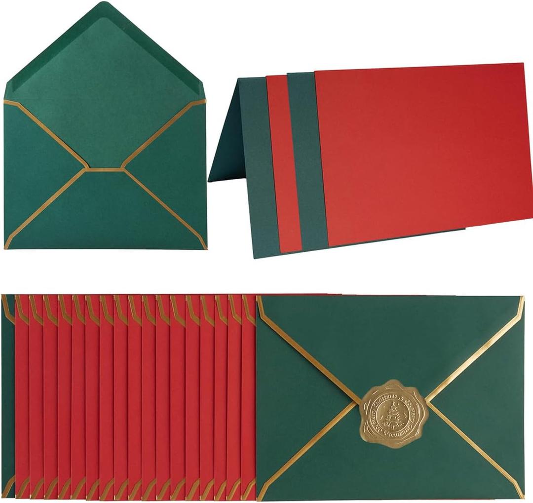 50 Pack Christmas A4 Envelopes with Folded Cards & Gold Stickers - 4x6 Gold Envelopes for Office, Wedding, Invitations, Graduation, Baby Shower (Christmas Red/Green)