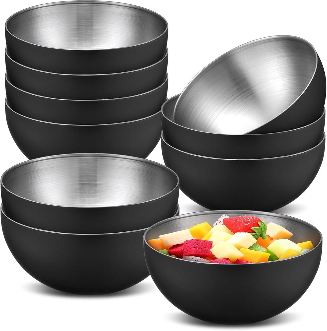 Nuogo 10 Pcs Black Bowls 5.9 Inch Stainless Steel Mixing Bowls Decorative Esthetician Bowl for Facial Metal Serving Bowl for Holiday Birthday Party Wedding Baking Prepping Salad Fruit Soup