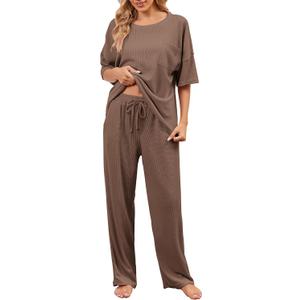 JiniGolla Womens Pajama Sets Waffle Knit Short Sleeve Shirt with Long Pajama Pants Soft Sleepwear Pj Lounge Sets (Brown, M)