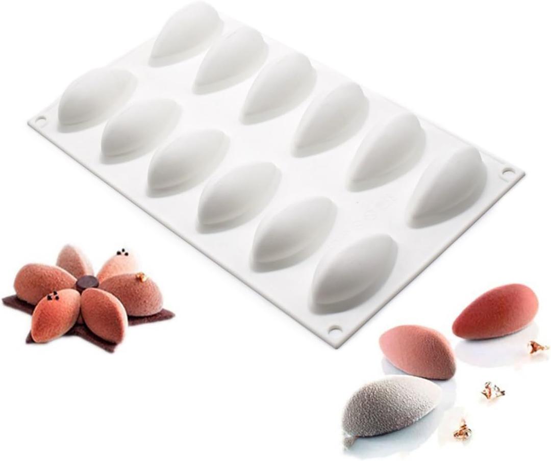 3D Quenelle Dessert Silicone Baking Mold for Mousse Cake, Silicone Molds for Chocolate, French Dessert Mold for Pastry Chocolate, Reusable Non-Stick Easy Release Baking Molds (12-Cavity)
