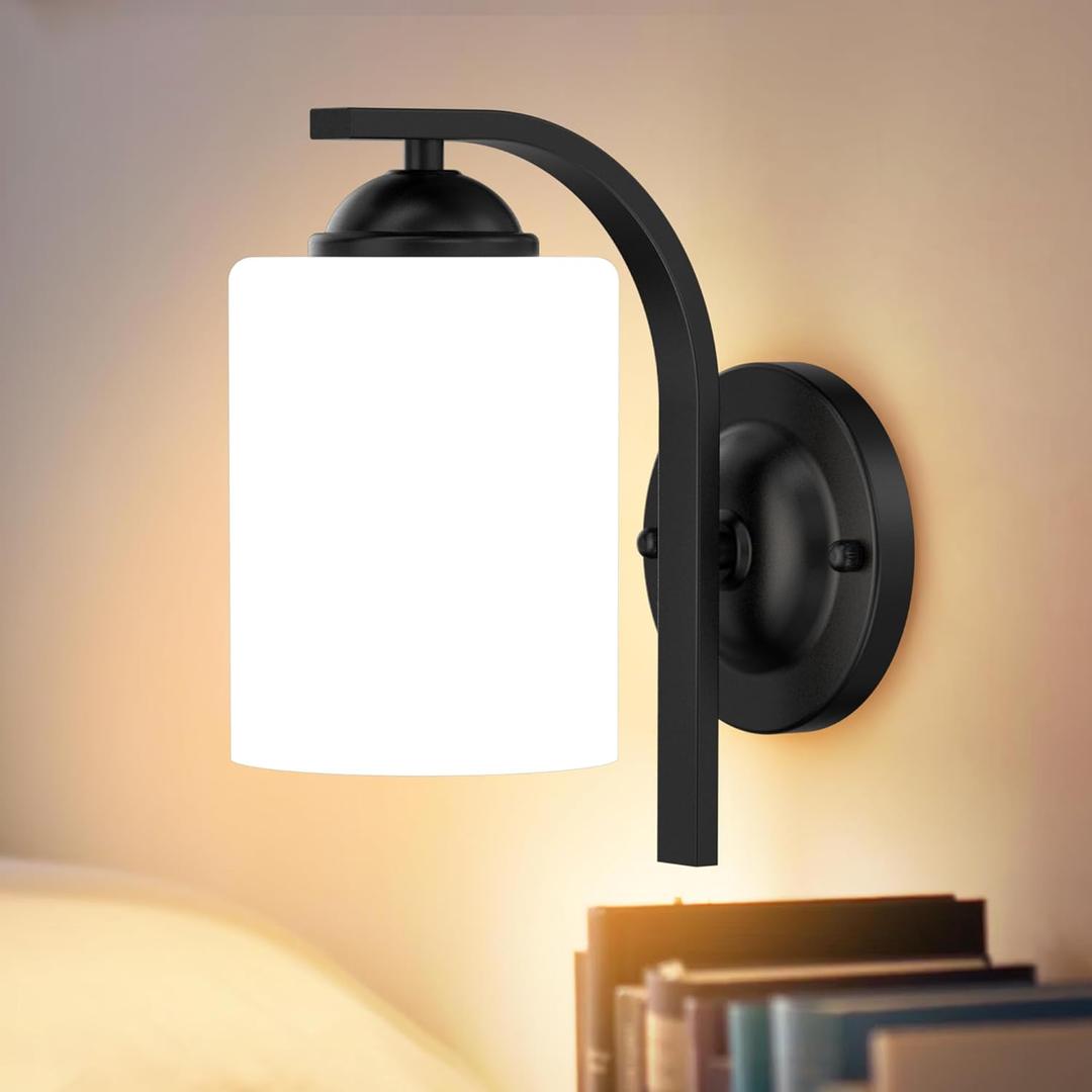Wall Sconces Lights Lamp for Bedroom Bathroom, Modern Vanity Light Fixtures, Matte Black Farmhouse Wall Mount Lighting Lanterns with Glass Shade for Living Room Mirror Hallway Kitchen (1 pack)