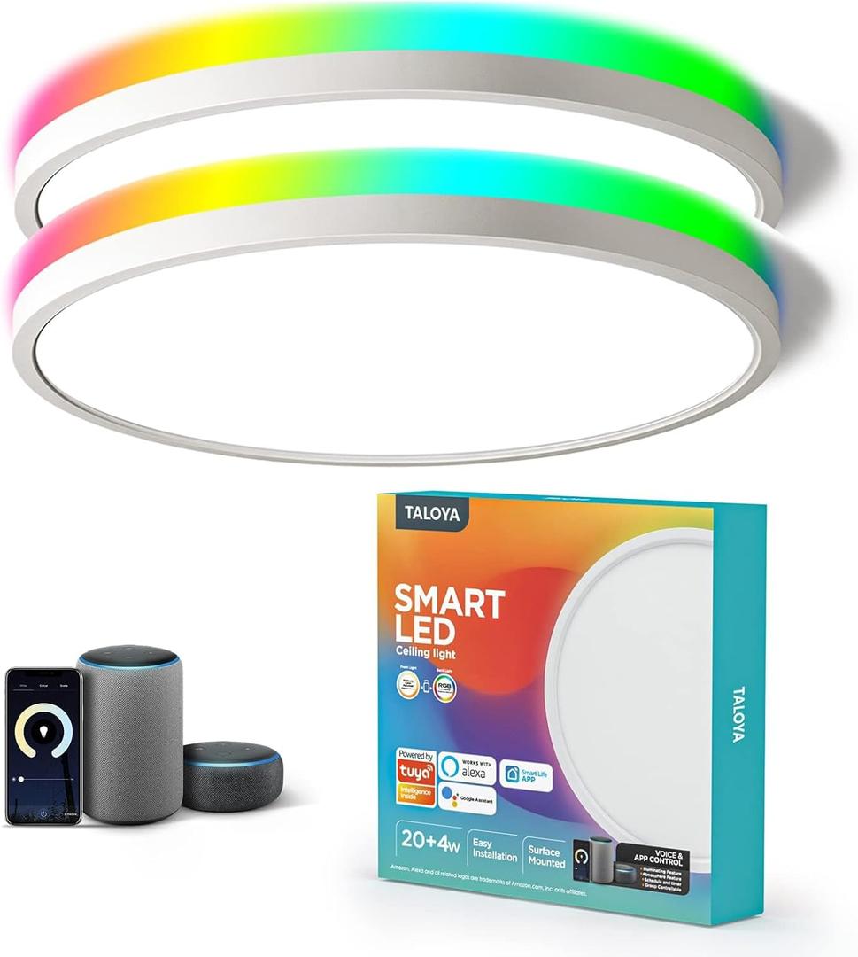 TALOYA Compatible with Alexa Flush Mount Ceiling Light, 12 inch RGB Ambient Light, Day Light 3000K~6500K Adjustable by App, equivs to 200W Traditional lamp for Living Room, Bedroom, 2-Pack (White)