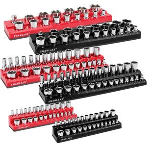 6-piece Magnetic Socket Organizer Set, Metric & SAE Drive Socket Holder, Includes 1/4", 3/8", 1/2", Holds 143 Pieces Magnetic Trays Red Black, 6PCS Red/Black