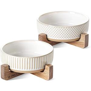 LE TAUCI PET Ceramic Dog and Cat Bowl Set with Acacia Wood Stand - 2 Cup Weighted Non-Slip Food and Water Bowls for Small Dogs & Cats, Lines + Dot