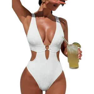 Women Sexy High Cut Cheeky One Piece Swimsuits Monokini Plunge V Neck Cutout Bathing Suit Beach Pool Party Rave Outfits White, 8-10