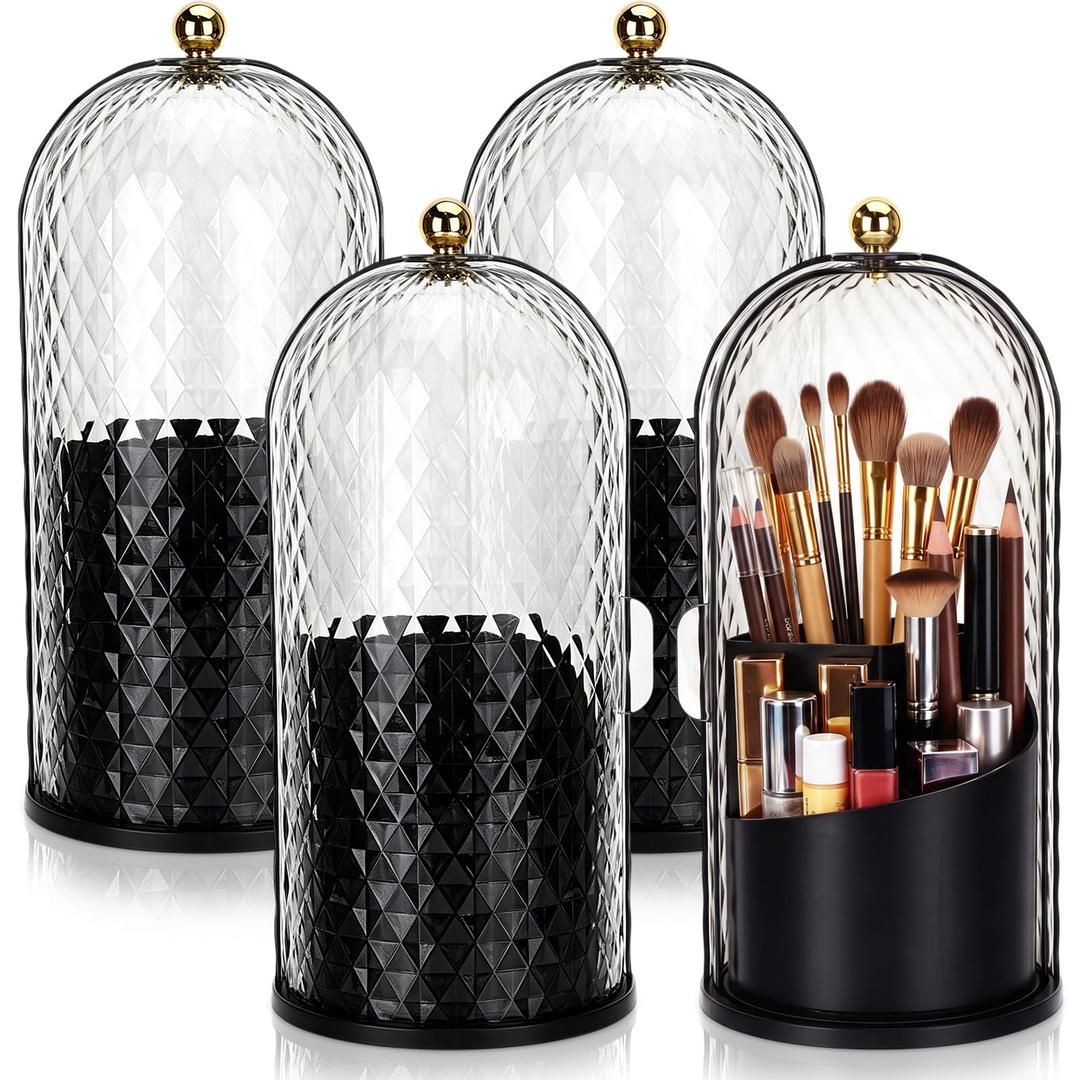 Acellegic 4 Pack Makeup Brush Holder with Lid 360° Rotating Cosmetic Organizer with 3 Compartments Dustproof Beauty Brush Storage for Vanity Bathroom Countertop(Black)