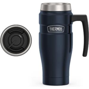 THERMOS Stainless King VacuumInsulated Travel Mug with Handle  16oz, Midnight Blue  Thermos Tumbler for Hot & Cold Drinks  Leak & SweatProof Stainless Steel Coffee Mug with Lid for Commuting