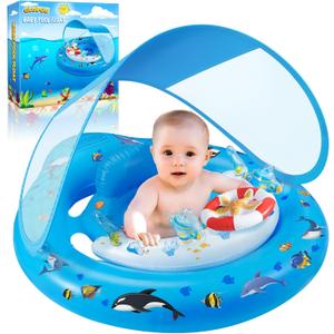Baby Pool Float with Canopy UPF50+ Sun Protection, Inflatable Kids Pool Floats with Toy Play Console for Baby 6-36 Months, Infant Swimming Float with Adjustable Safety Seat for Boys Girls (Blue)