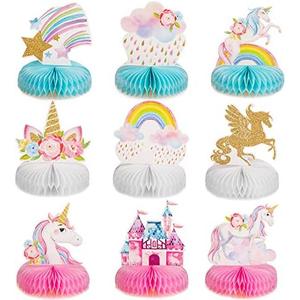 Outus 9 Pieces Unicorn Rainbow Honeycomb Centerpiece for Table Decorations Shiny Topper Birthday Party Supplies