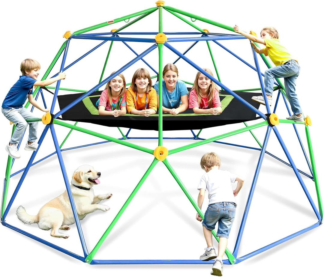 10FT Geometric Dome Climber for Kids 3-12 - Heavy Duty 1000LB Capacity Jungle Gym with Hammock & Climbing Grips, Outdoor Backyard Play Equipment, Easy Assembly (Blue-black)