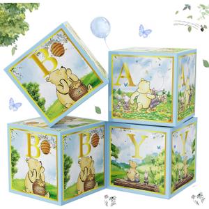 Classic Winnie Baby Shower Boxes Blue for Newborn Baby Boy Girl, Vintage Winnie Bear First 1st Birthday Party Decorations the Pooh Theme Box Block Supplies for Kids Cake Smash Photography Favor Props