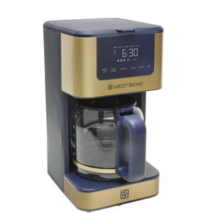West Bend Drip Coffee Maker Brews Hot or Iced, Programmable with Brew Strength Selector Auto Shut-Off and 6 Functions Permanent Mesh Filter and Glass Carafe, 12-Cup, Metallic, Slate Blue/Gold