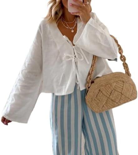 Tie Front Top Coquette Bow Linen Shirt Going Out Summe White Y2k Long Sleeve Blouse, L