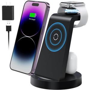 3 in 1 Charging Station for Apple Device, Wireless Charger for iPhone 16e 16 15 14 13 12 11 Pro Max & Apple Watch iwatch- Charging Stand Dock for AirPods (Black)