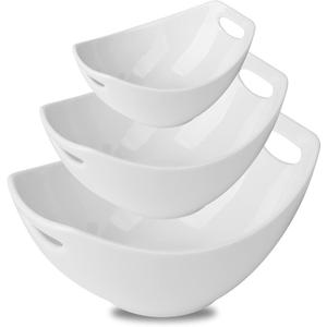 Gomakren Serving Bowls with Handles, Serving Dishes, Porcelain Salad Bowls Mixing Bowl for Entertaining, Nesting Bowl Set of 3, Microwave Dishwasher Safe, 15/28/47 oz, White