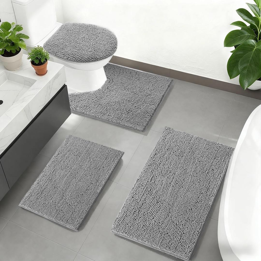 Bathroom Rugs Sets 4 Piece with Toilet Lid Cover, Non Slip Bathroom Mats Extra Soft Chenille Bath Rugs Absorbent Shaggy Rugs Perfect Plush Mats U-Shaped Toilet Rug and Toilet Cover Kitchen,Home Decor (Light Grey)